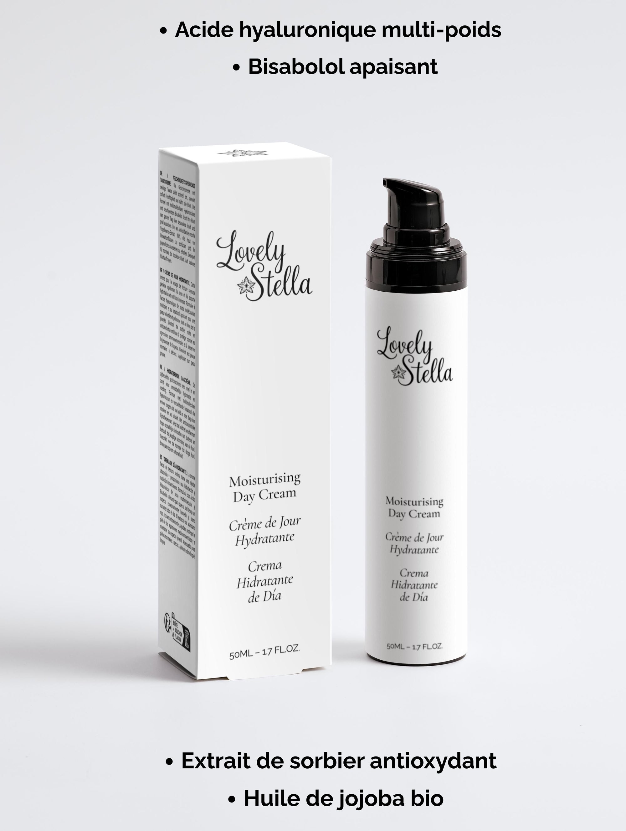 Lovely Stella Crème de Jour Hydratante 50ml - acide hyaluronique multi-poids, bisabolol apaisant, extrait de sorbier antioxydant, huile de jojoba bio