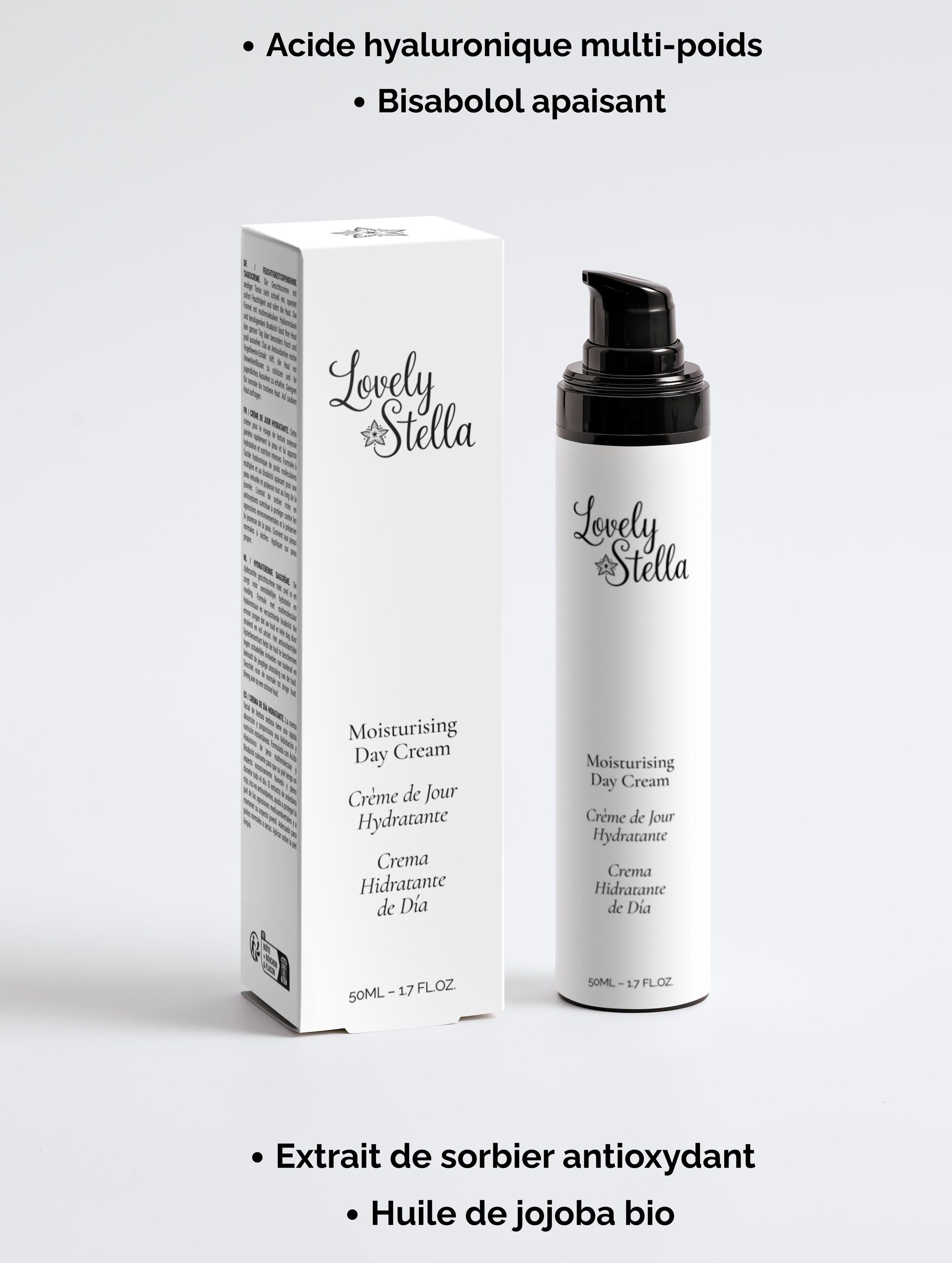 Lovely Stella Crème de Jour Hydratante 50ml - acide hyaluronique multi-poids, bisabolol apaisant, extrait de sorbier antioxydant, huile de jojoba bio