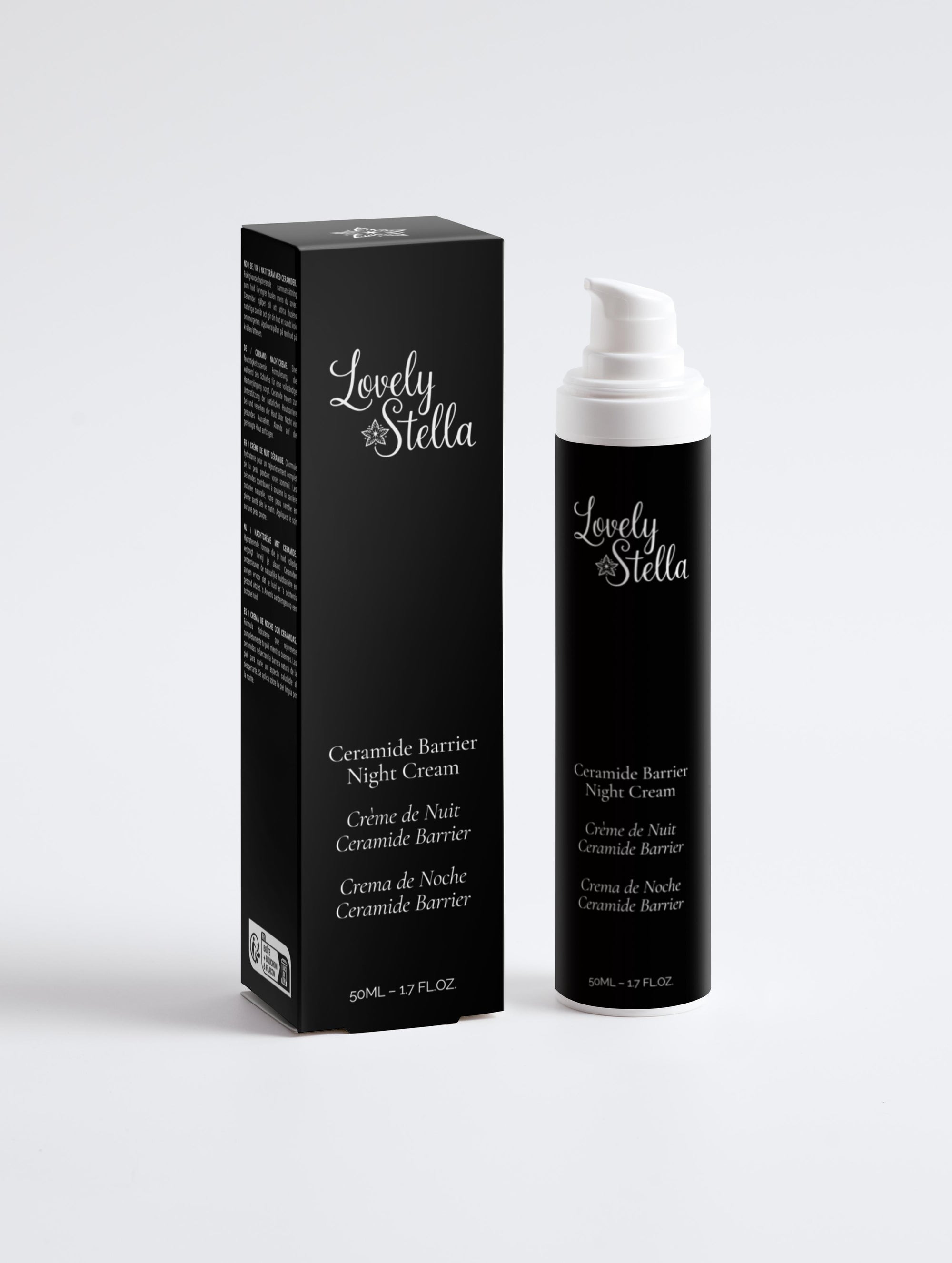 Lovely Stella Crème de Nuit Ceramide Barrier Night Cream 50ml avec son étui, packaging noir, certifiée ECOCERT COSMOS Natural