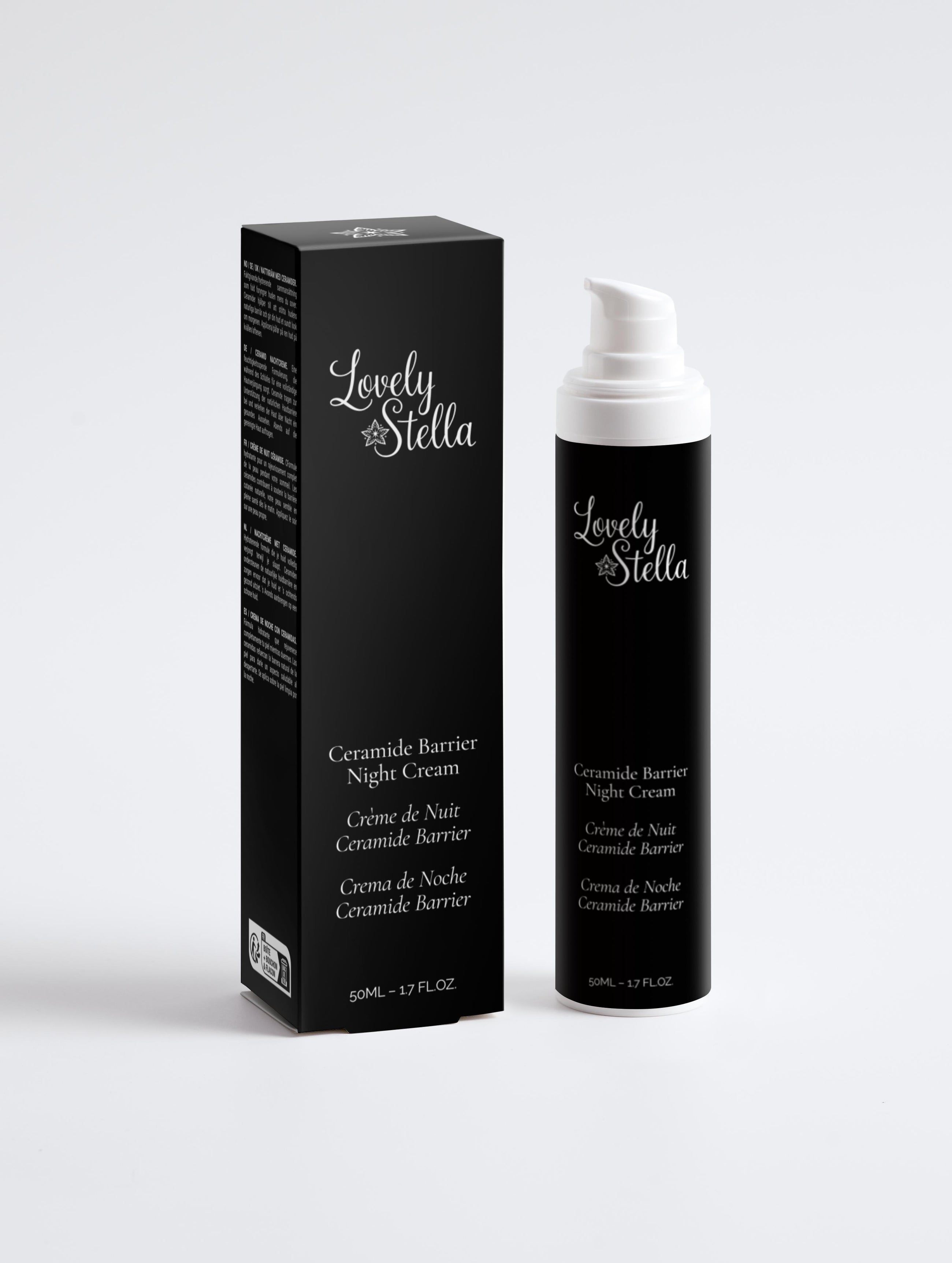 Lovely Stella Crème de Nuit Ceramide Barrier Night Cream 50ml avec son étui, packaging noir, certifiée ECOCERT COSMOS Natural